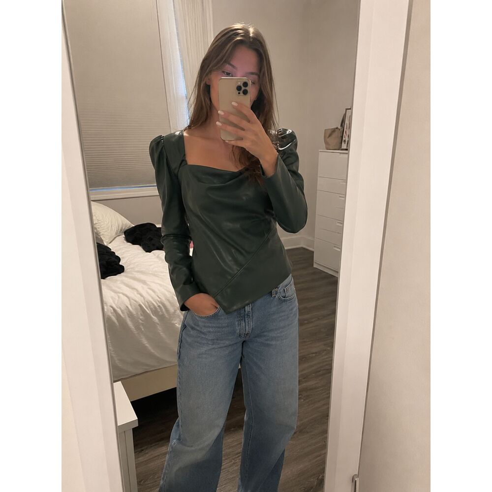 Zara faux leather asymmetric top Size M Dark Green Puff Sleeve